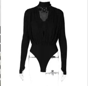 S / Black ZHEZHE Spring 2024 New Jumpsuit Sexy V Neck Hollow Bodycon Romper Bottoming Stitching Long Sleeve Bodysuit Women