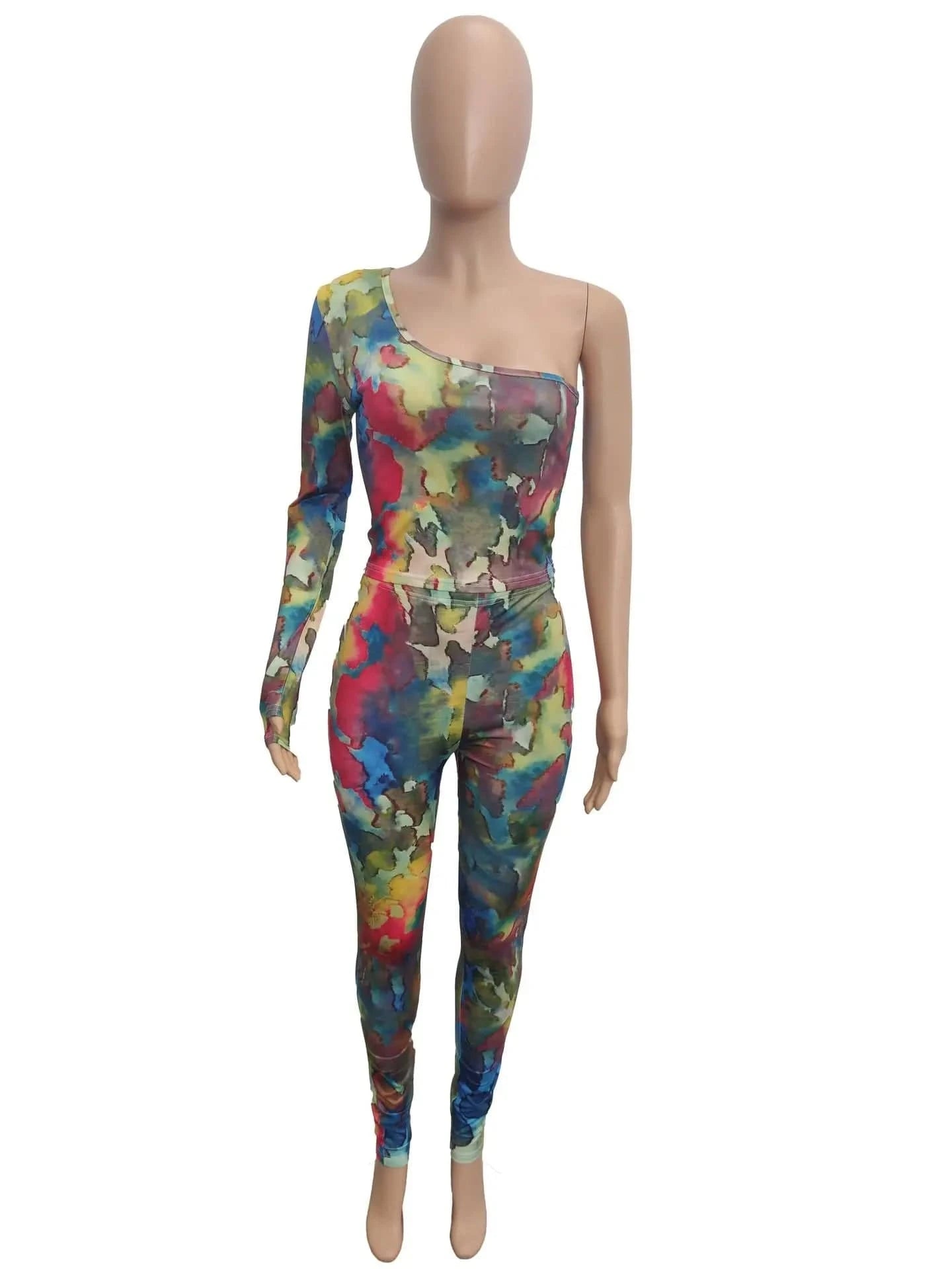 S / Blue 2024 Hot Sale Tie-Dye Printed Top Suit Half-Shoulder Long Sleeve Perspective Irregular Fashion Hip Lifting Two Piece Pants Set