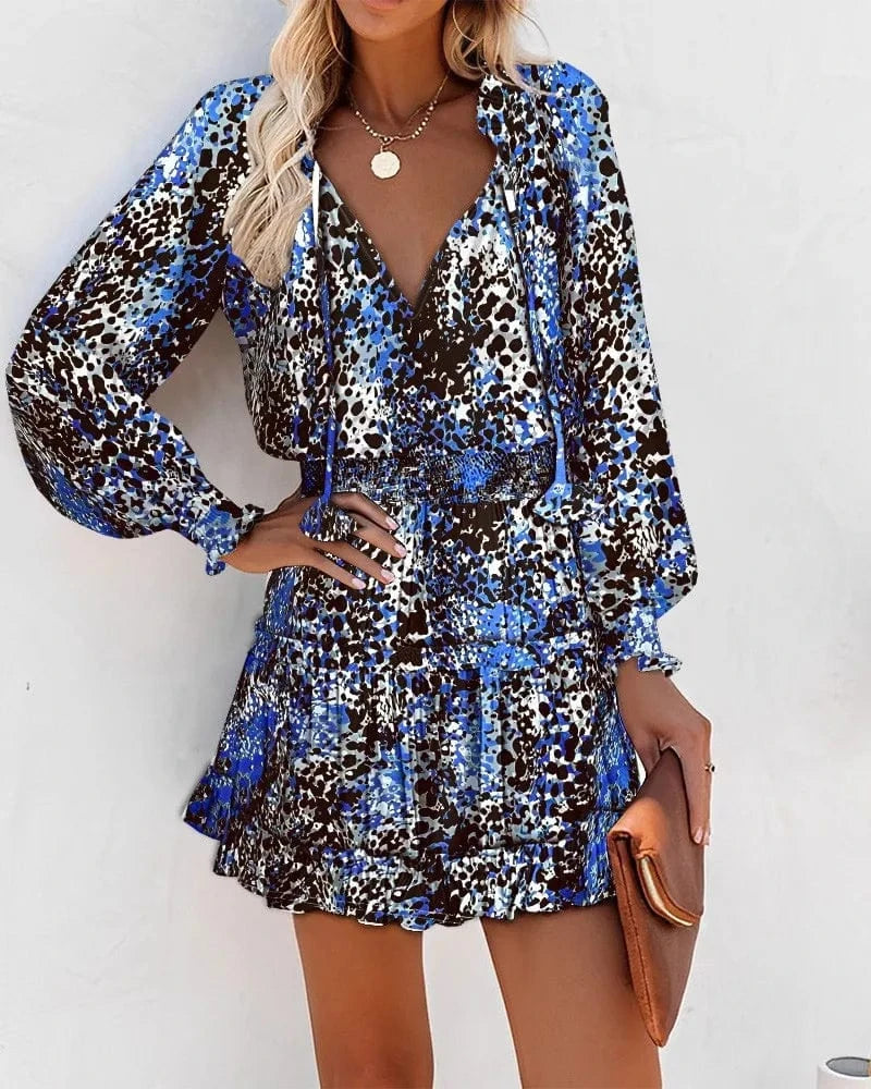 S / Blue 2024 New European Women Summer Long Sleeve V-neck Dress Pencil Printed Tight Waist French Female Casual Dress