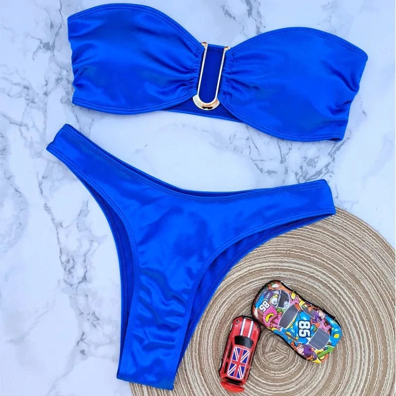 S / Blue 2024 Nwt U Ring Low Cut Bandeau Swimwear Bikini Sets High Cut Strapless Swimsuit Summer Beach Bahing Suit