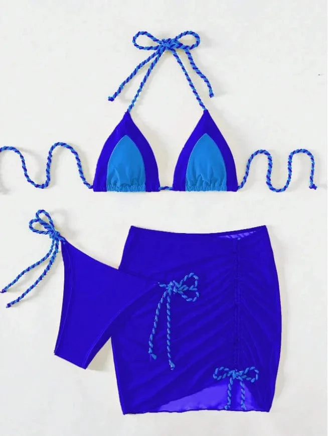 S / Blue 2024 Sexy Bikini Bathing Suit Beachwear With Dress 3 Piece Women Swimsuit Set Suit Bathingsuits Swimwear