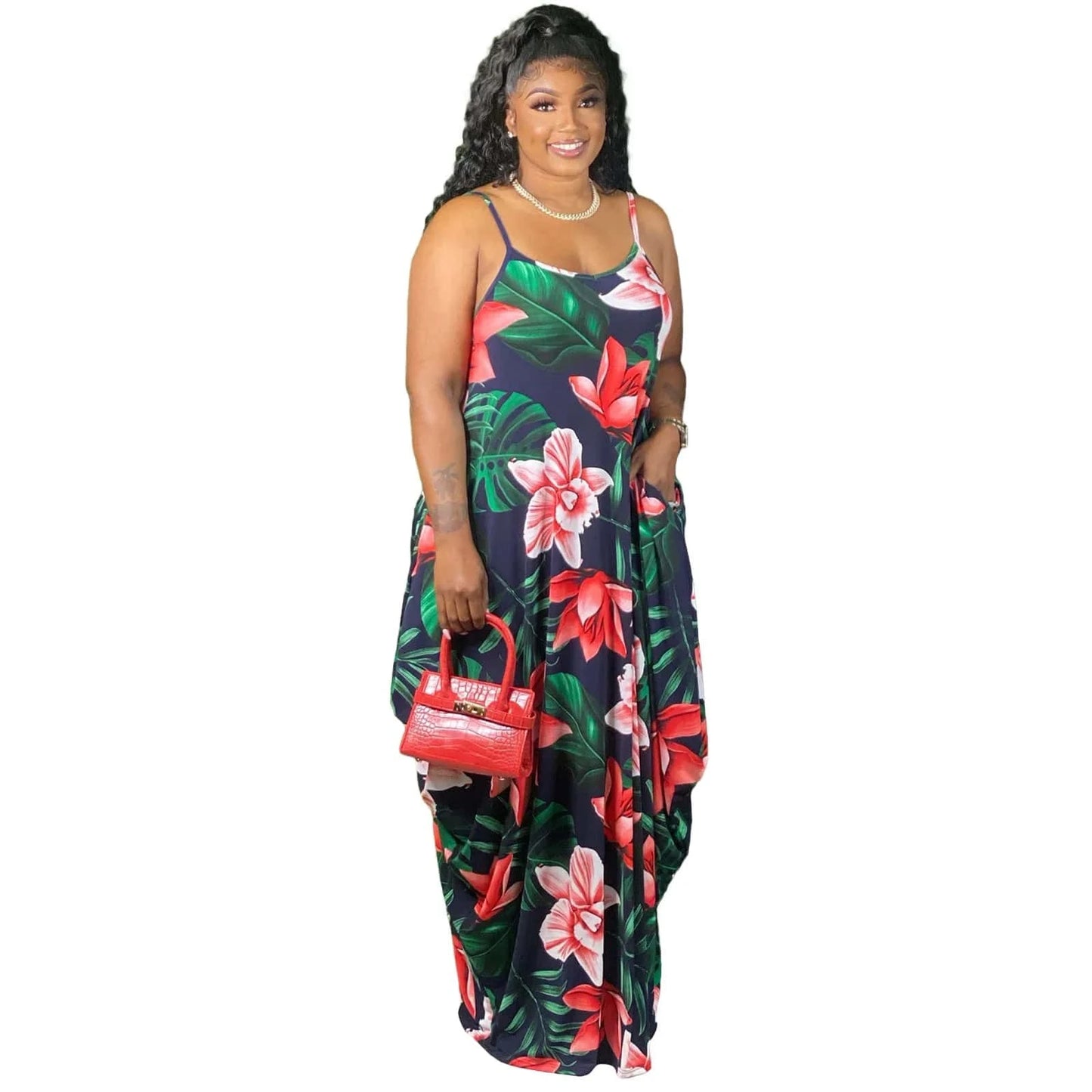 S / Blue 2024 Summer Sexy Fashionable Floral Clothes Tie-Dye Multicolored Print Halter Loose Dress Women Maxi Long Dresses