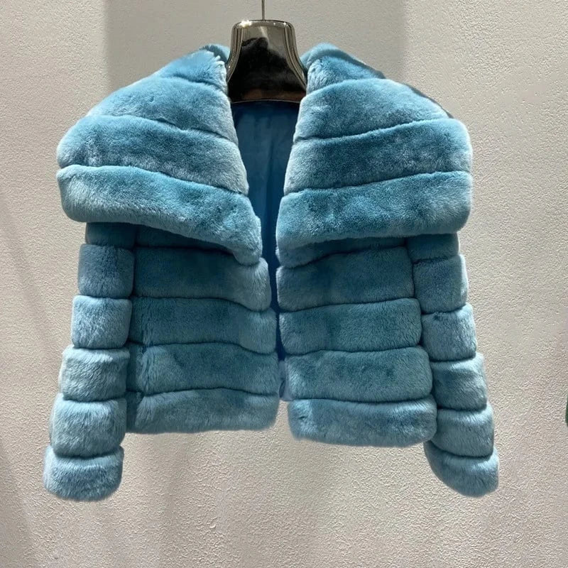 S / Blue 2024 Women Winter Fashionable Real Rex Rabbit Fur Jacket with Bigger Collar Full Skin Thick Warmer Ladies Fur Coat