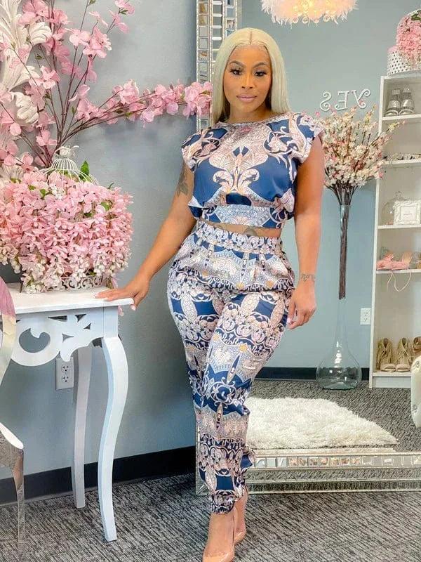 S / Blue Boho Vintage Pattern Print 2 Piece Set Women High Waist Pocket Trousers Loungewear Suits Ladies Tracksuits Two Piece Pants Set