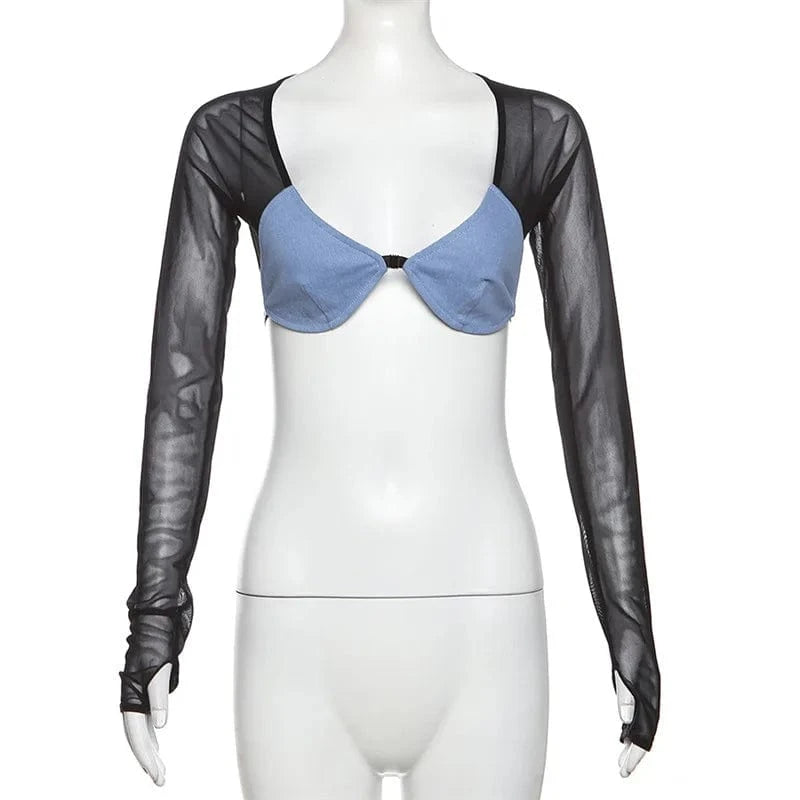 S / Blue C1818 New fashionable street denim mesh patchwork sexy backless short top for women