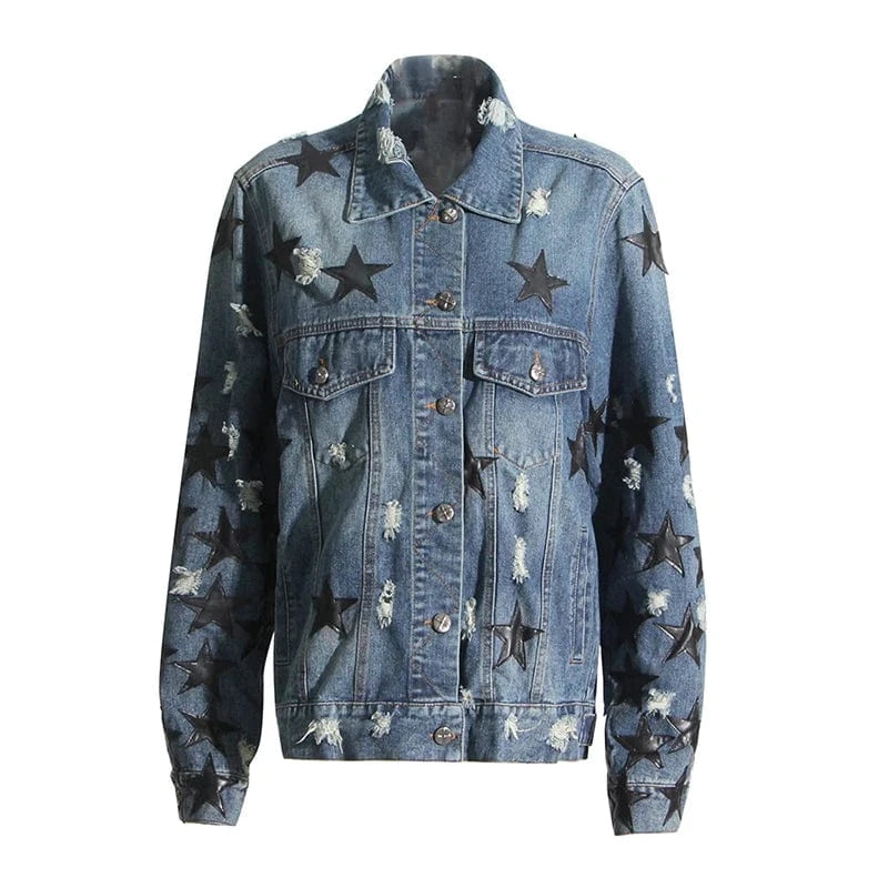 S / Blue CHICEVER Casual Patchwork Button Lapel Long Sleeve Single Breasted Denim Jackets For Women 2024