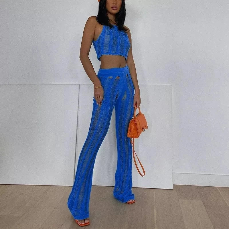 S / Blue Cotton Top Set Ripped Women Knitted 2 Piece Summer Women Set Hollow out Solid Clothing Two Piece Pants Set