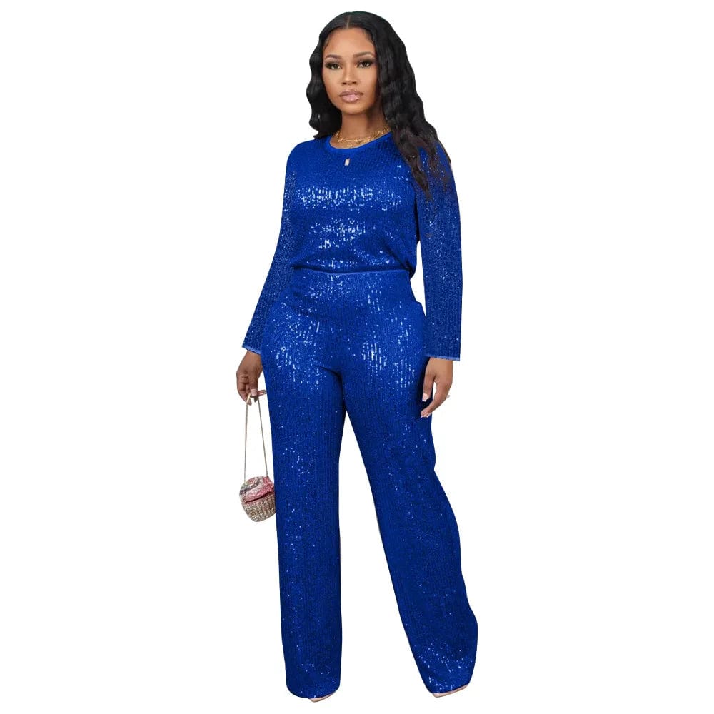 S / Blue Fall 2024 Fashion Sequin Women Sets Long Sleeve T-Shirt and Wide Leg Dressy Pants Suit Ladies Party Two 2 Piece Formal Outfits