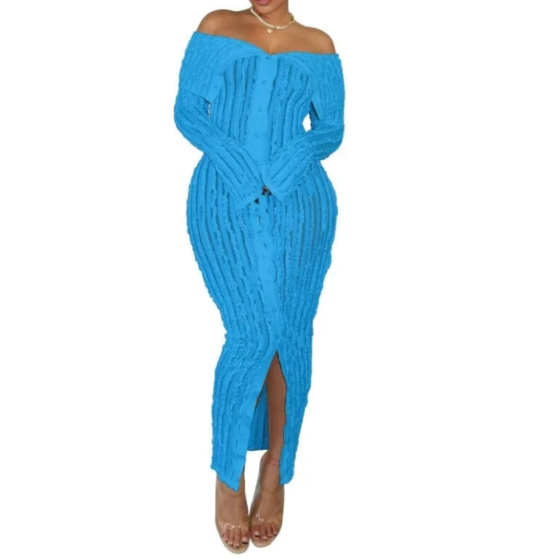 S / Blue G0654 Wholesale spring 2024 boutique clothes sexy wave casual dresses off shoulder long sleeve dress elegant women's dresses