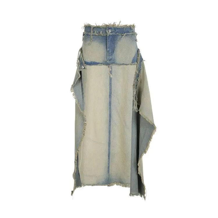 S / Blue Harajuku Patchwork Denim Long Skirt For Women 2024 New Split Button Raw Hem Jean Skirt
