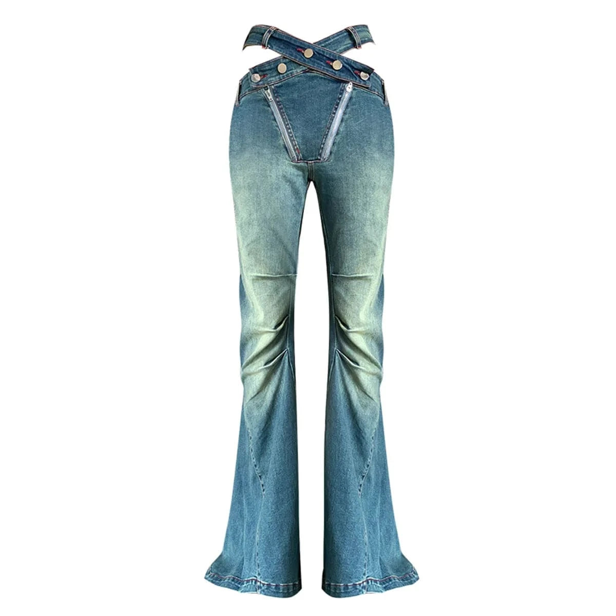 S / Blue High Waist Cross Belt Flare Denim Jeans