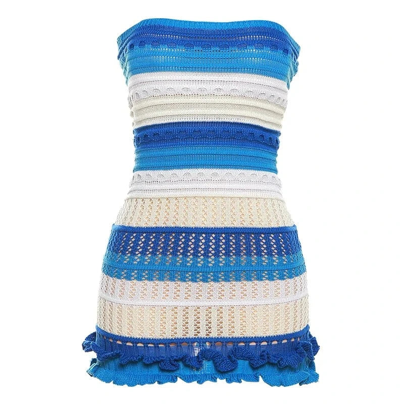 S / Blue Knit Women Tube Dress Elegant Summer Patchwork Striped Ruffles Hem Skinny Stretch Bodycon Clubwear Sexy Night Club Short Dress
