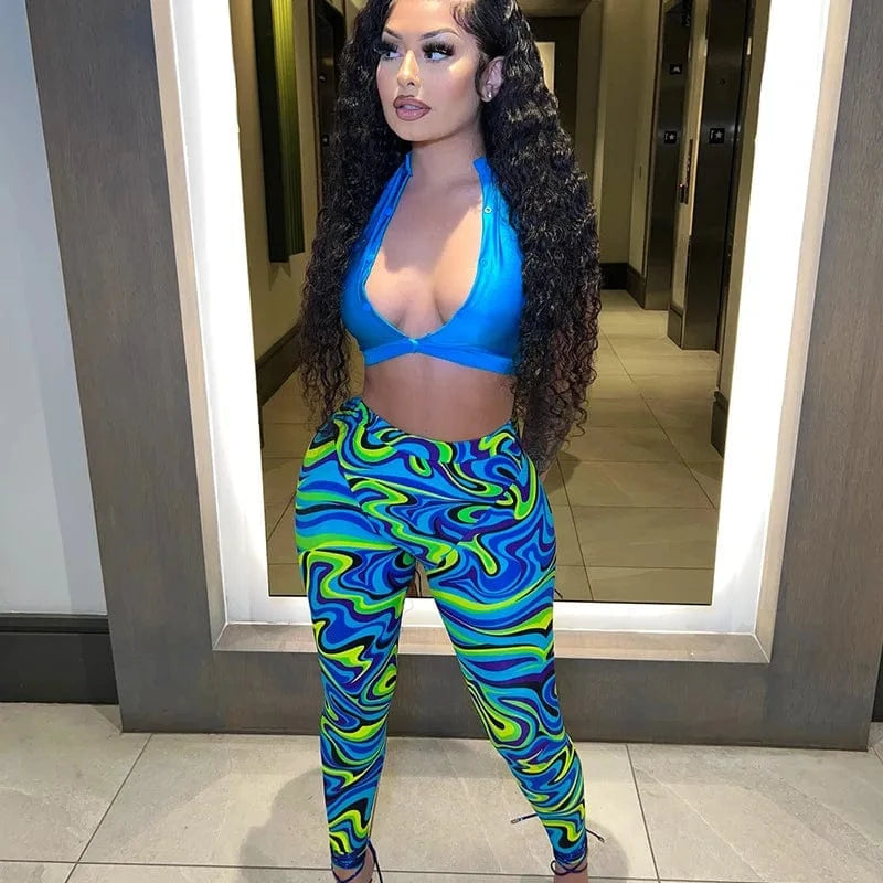 S / Blue New Design Crop Top Legging 2 Piece Skinny Outfits Women Print Two Pcs Pants Set Woman Clothing Ladies Casual Streetwear