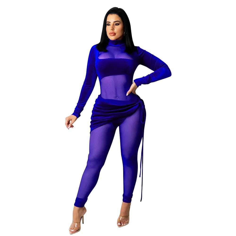 S / Blue Os6269 2024 Fall Sexy Women Jumpsuit Long Sleeve Velvet Mesh See Through Patchwork One Piece Romper Plus Size Club Wear