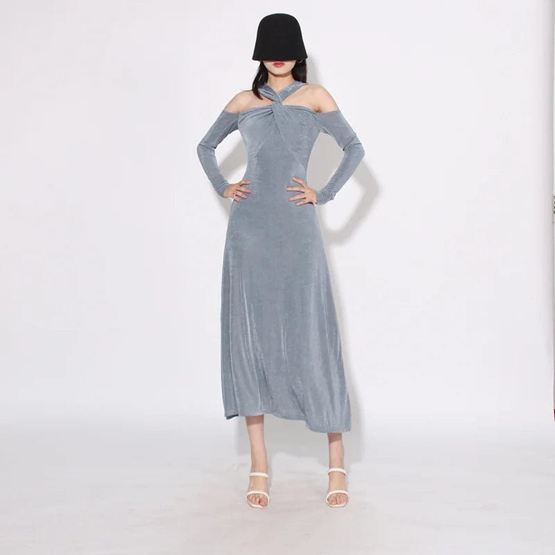 S / Blue OUDINA 2024 Spring New Style Long Sleeve Crossover Neckline Design Off Shoulder Dress Slim Long Women's Dresses