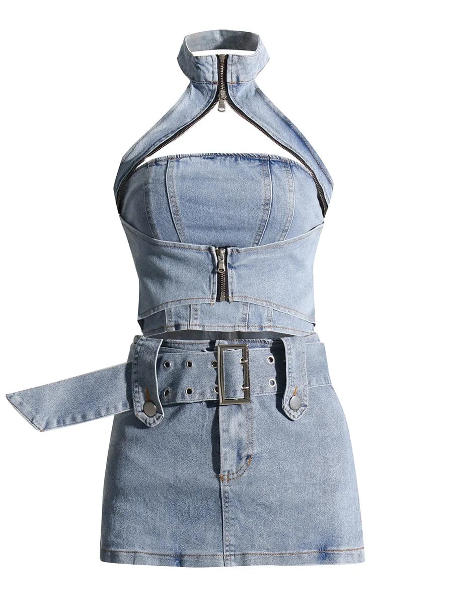 S / Blue OUDINA 2024 Spring New Style Sexy Halterneck Off-shoulder Short Denim Vest Tight Mini Skirt Women Two Piece Set