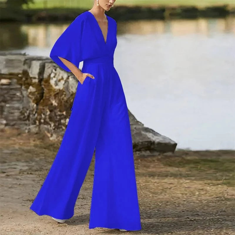 S / Blue Plus Size Elegant Office Jumpsuits Women Long Rompers 2024 Summer Casual Solid Color Ruffled Off Shoulder Overalls Streetwear