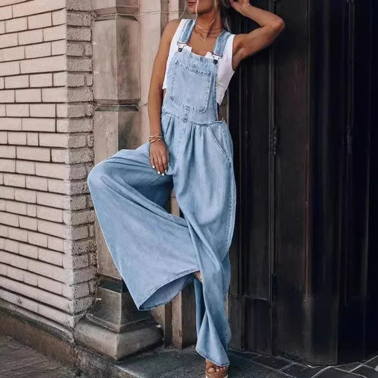 S / Blue Summer New Women's Loose Side Pocket Sleeveless Adjustable Shoulder Strap Denim Suspenders Trousers Jumpsuit Sehe Fashion