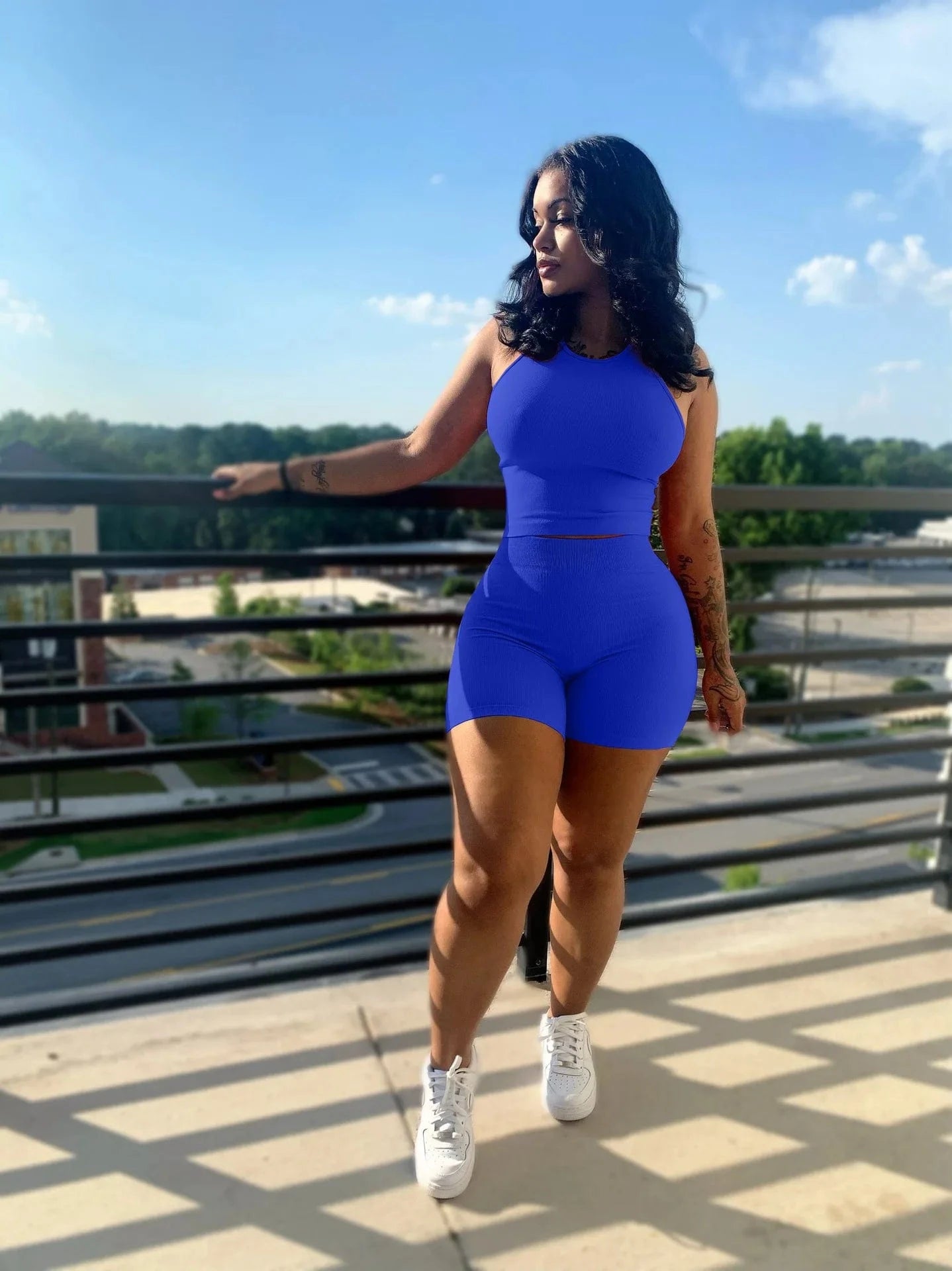 S / Blue Summer Women custom logo solid color women fashion sexy pit strip two piece set sports fitness 2 piece set casual for women