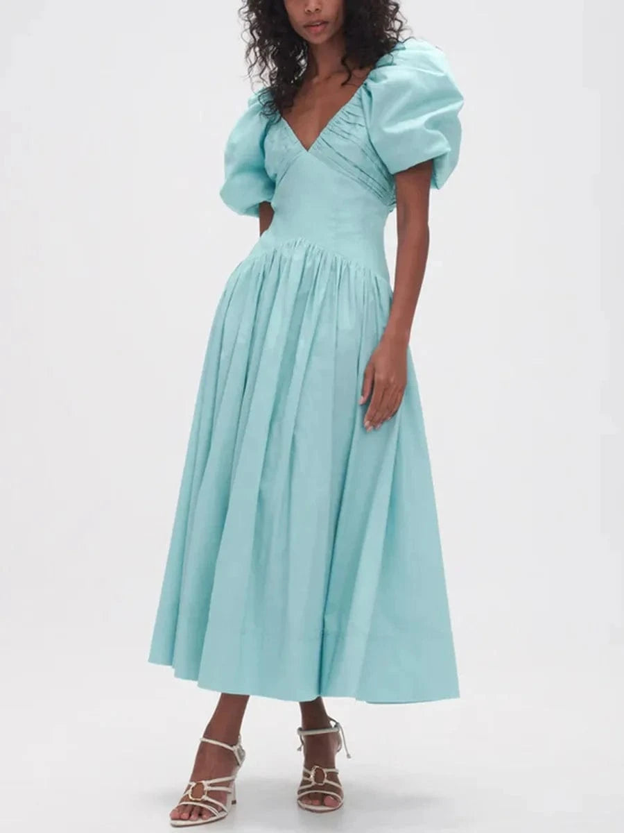 S / Blue V-neck Solid French High Waist Long Dress Holiday Casual Fashion Show Women's Clothing 2024 Hot Selling Elegant Women's Dresses