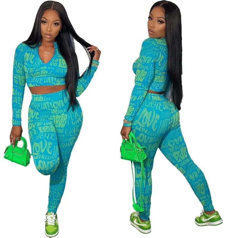S / Blue With Stretch Women Clothing Printing 2 Piece Set Casual Outfits Letter Two Piece Pants Set Fall 2022 Women Clothes