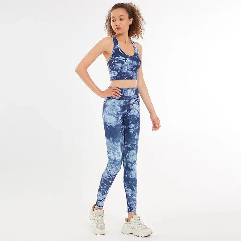 S / Blue Xsunwing Custom LOGO Plus Size Two Piece Activewear suit Women Sports Bra Printed Yoga Set Fitness sportswear gym sets WSB9904