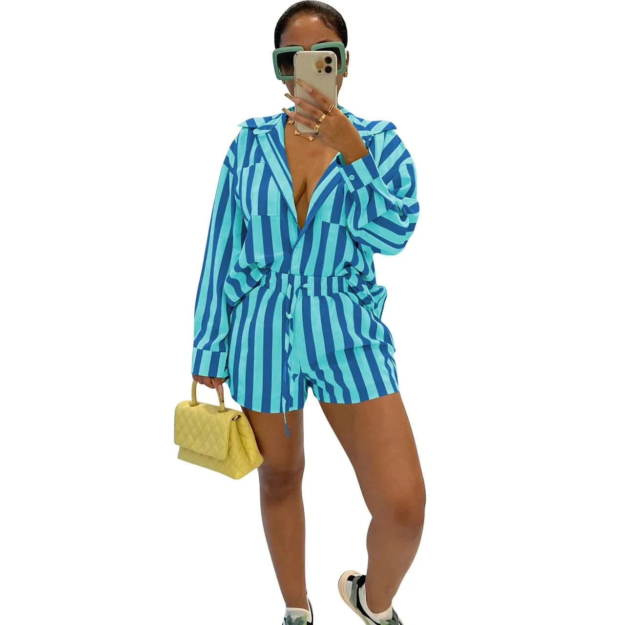 S / Blue YD8762 New collection fall 2024 women clothes stripe long sleeve shirts mini shorts women's sets casual loungewear two piece set