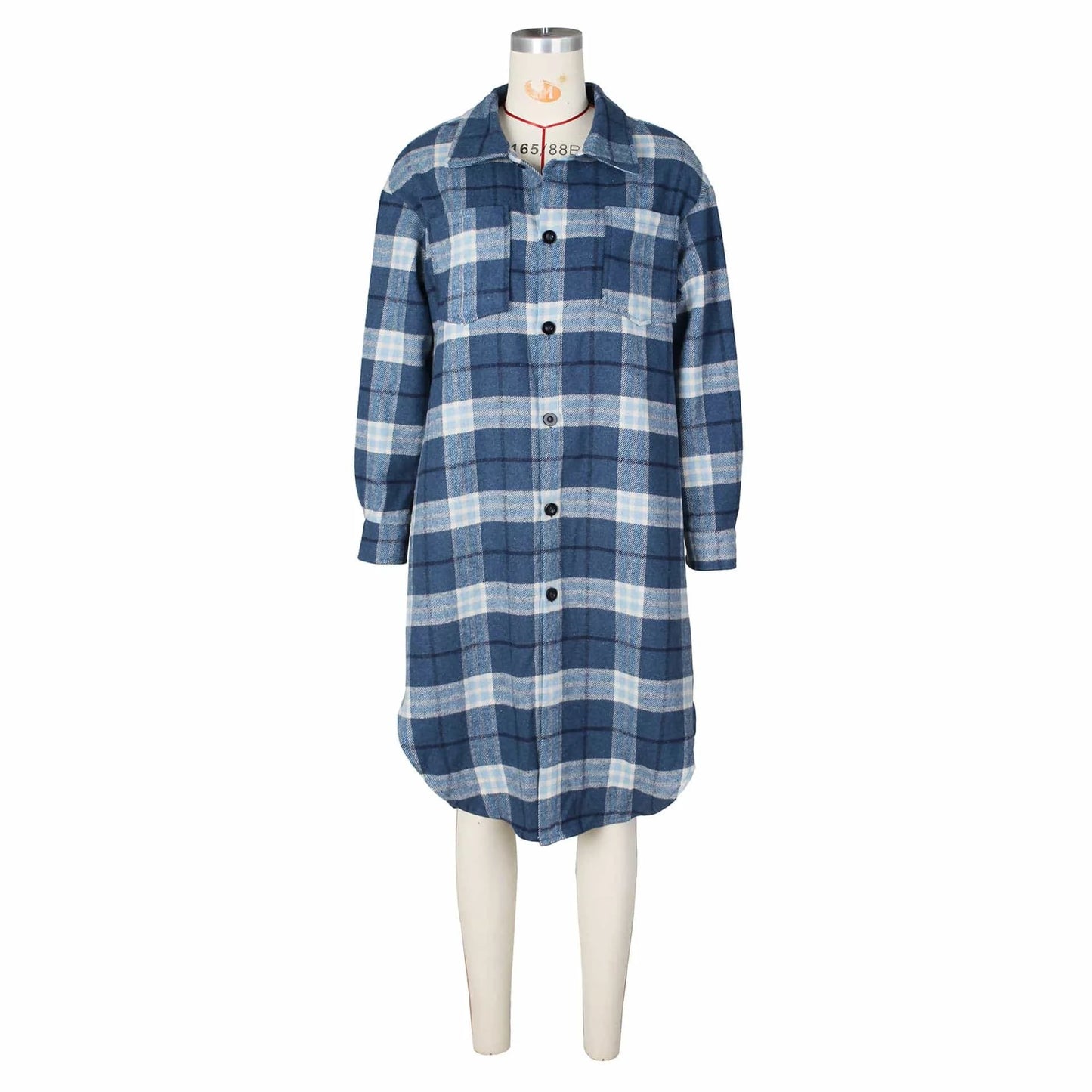 S / Blue ZHEZHE Good Quality 2024 Spring Women's Lapel Neck Retro Plaid Printed Ladies Long Coat Elegant Women's Jacket