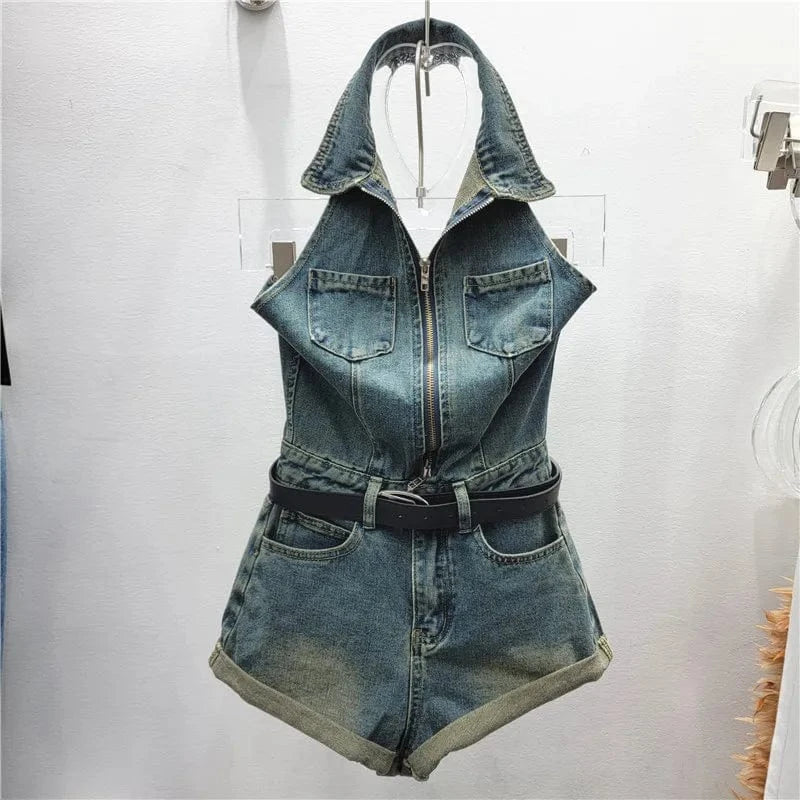 S / Blue ZHEZHE Streetwear Sexy Fashion Bodycon Sleeveless Casual Halter Short One Piece Women Lady Short Washed Denim Romper Jumpsuit
