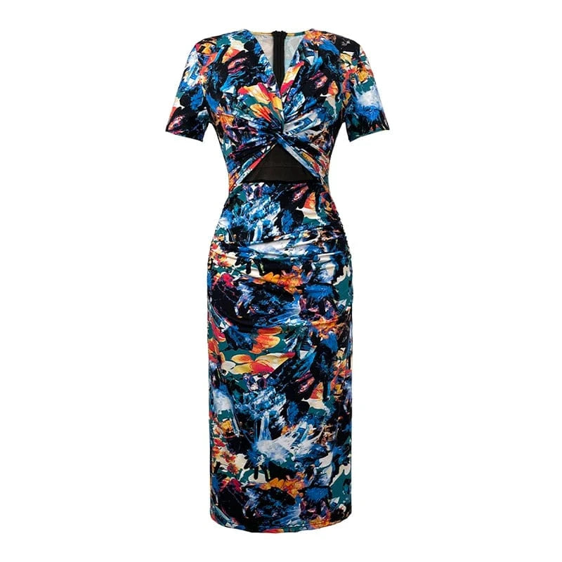 S / Blue ZYHT 20145 2024 Summer New Women's Fashion Style Temperament V-Neck Print Slim French Bodycon Dress