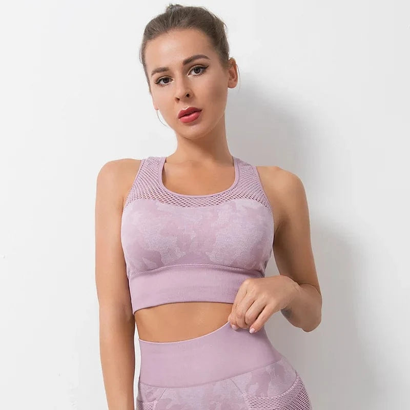 S / bra pink 2024 4 Pieces Camouflage Breathable Mesh Gym Clothing Women Activewear Sports Fitness Seamless Yoga Sets