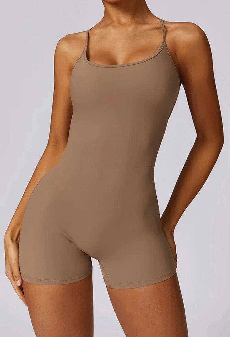 S / Brown 2024 Custom Fitness Yoga Wear Bodysuit Workout Clothing Seamless Gym Shorts Cross Straps Rompers For Women One Piece Jumpsuit