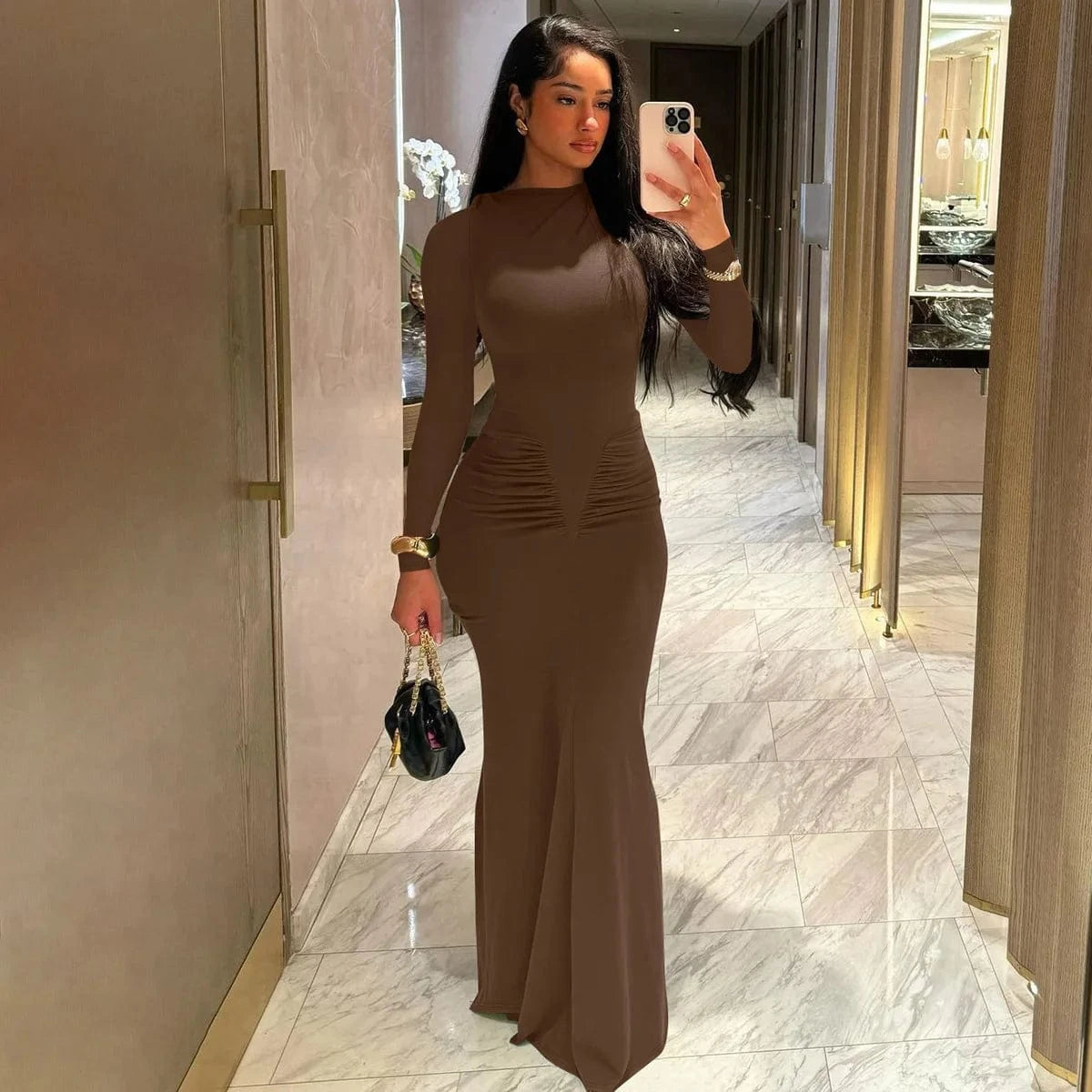S / Brown 2024 Fall Women's New Mermaid Dress Fashion Elegant Slim Pleated Round Neck Long Sleeve Maxi Dress Women's Clothing