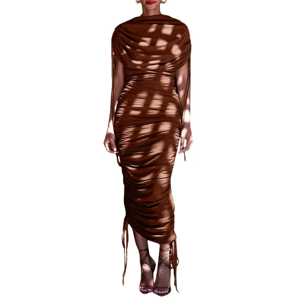 S / Brown 2024 New Arrivals Hot Sale Elegant Casual Wrinkle Drawstring Zipper Irregular Pleated Long Maxi Women's Dress