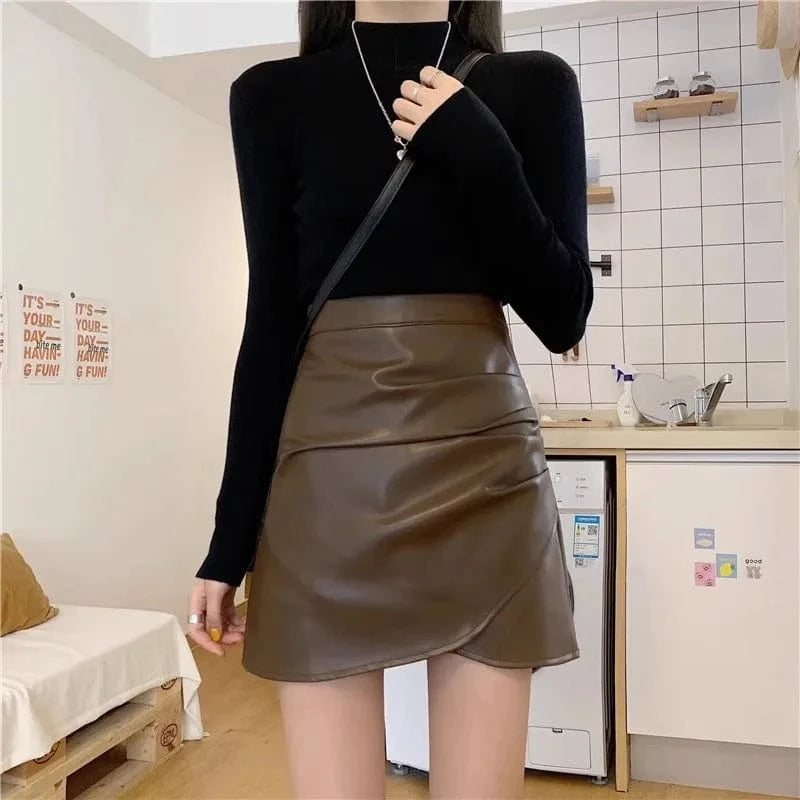 S / Brown 2024 Summer New Black PU Leather Skirt Women High Waist Pleated Anti-skid Half Skirts Pencil Hip Black Korean A-line Short Skirt