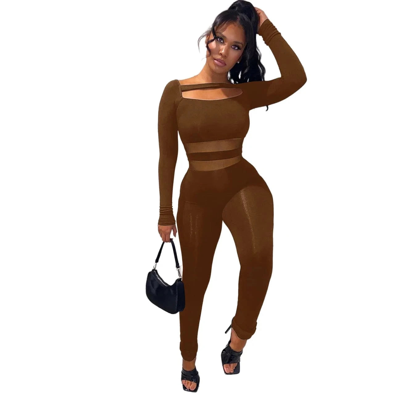 S / Brown Autumn Winter Women Clothing Long Sleeve Jumpsuit One Piece Sexy See Through Mesh Jumpsuit for Women Jump Suits Ladies Casual