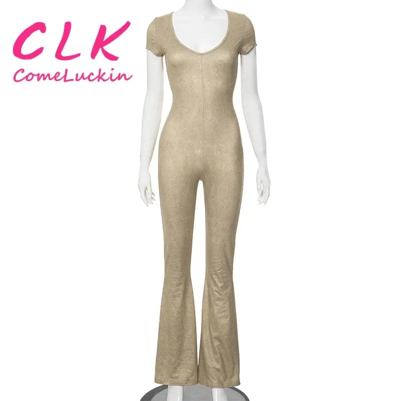 S / Brown Custom Logo Short Sleeve Flare Jumpsuits Baddie Outfits for Woman Spring 2024 Casual All in One Jumpsuit Women