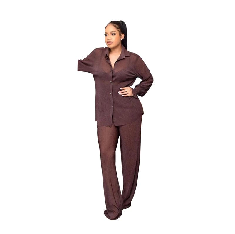 S / Brown fall 2024 lady miyake pleated fabric african women two 2 piece long pleated shirt pant set 2024 clothes clothing for women 2022
