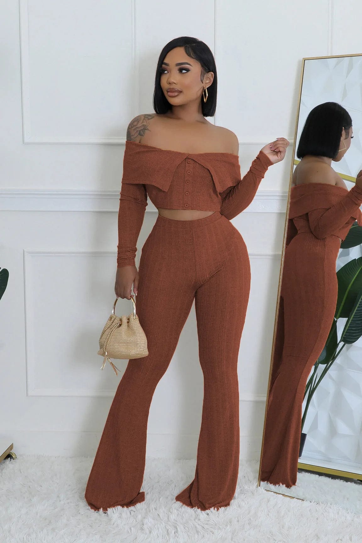 S / Brown Fall Winter 2024 Women Clothes Solid Color Knitted 2 Piece Set Fashion Long Sleeve Crop Top and Flared Pants Woman Outfit