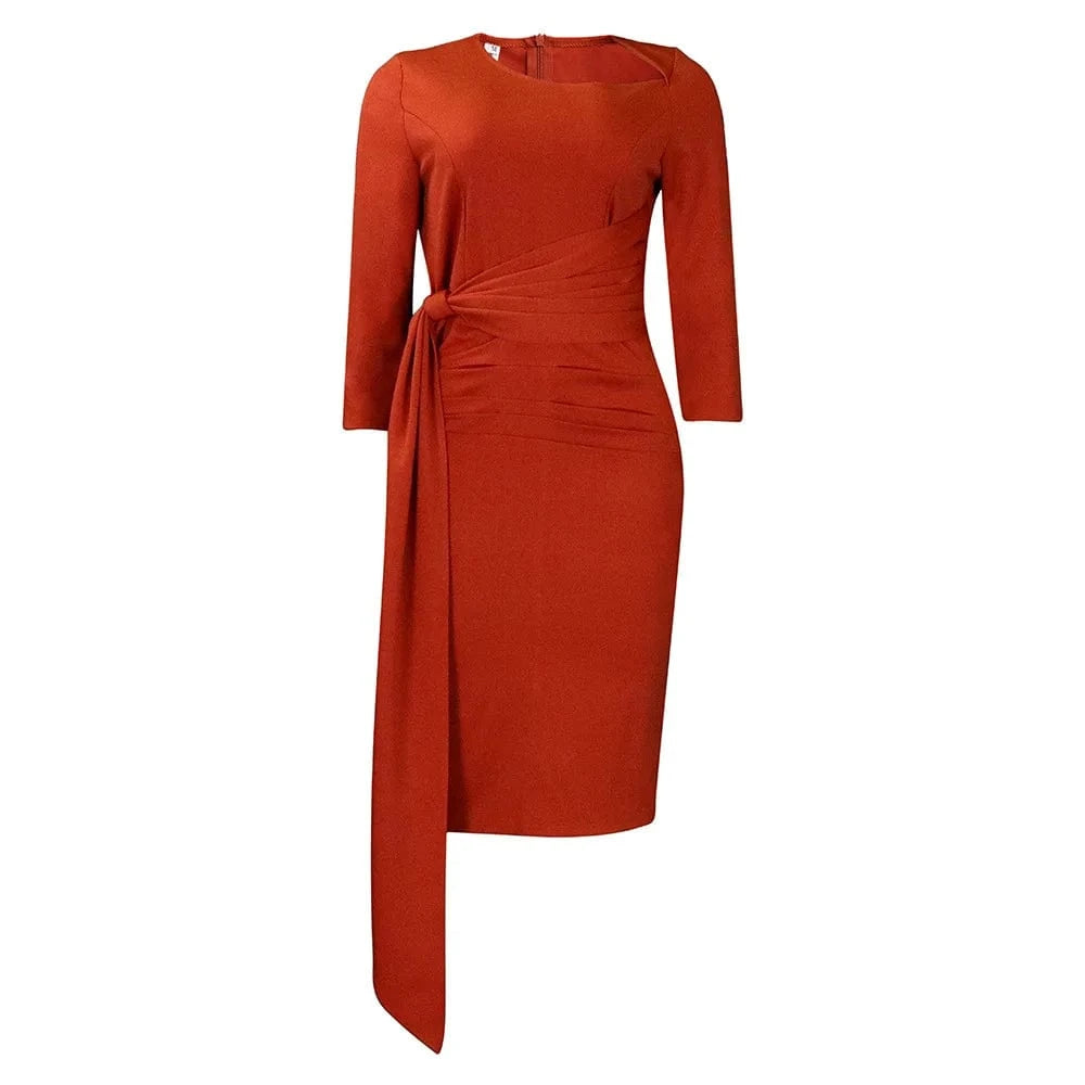 S / Brown Ladies Dresses 2024 Business O Neck Midi Length Ladies Office Dresses Ruffled Ribbons Plus Size African Woman Dress