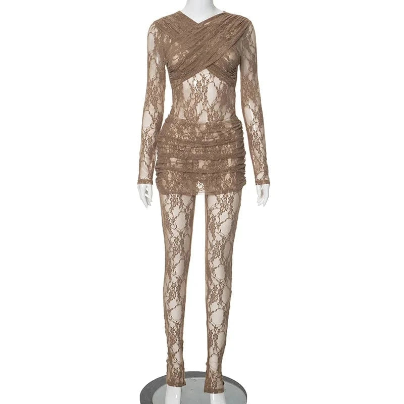 S / Brown Popular Styles in Stock Tie Long Sleeve Bodycon Sexy Crop Top Skirt Two Piece Set for Women