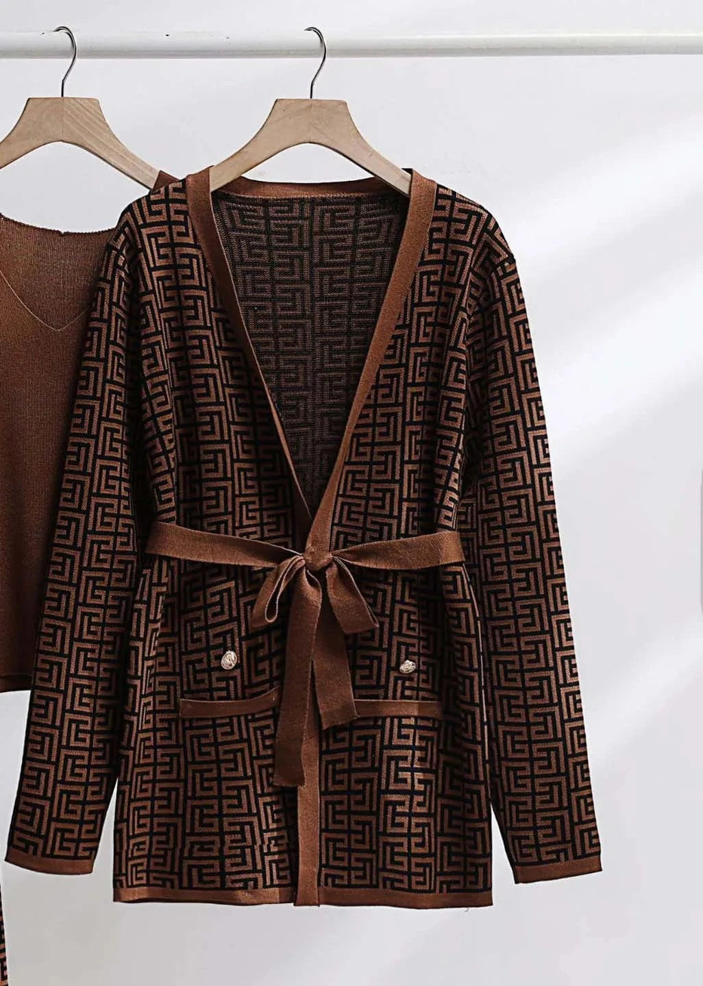 S / Brown RedPeony Women Knitted Suit Knit Cardigan Women Bandage Cardigan Luxury Cardigan