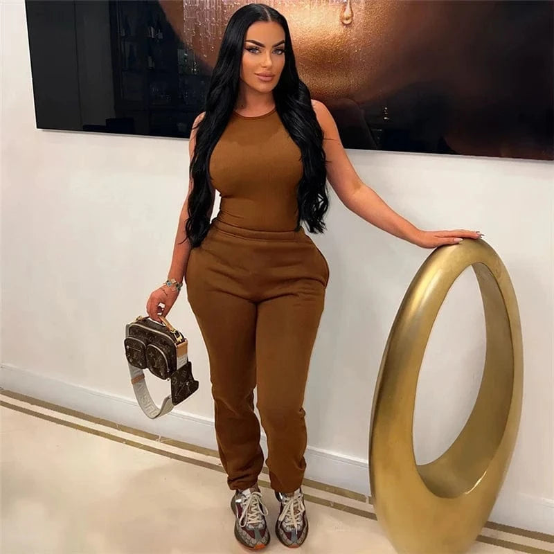 S / Brown Sexy bodysuit sweatpants custom logo jogger sweat suit women