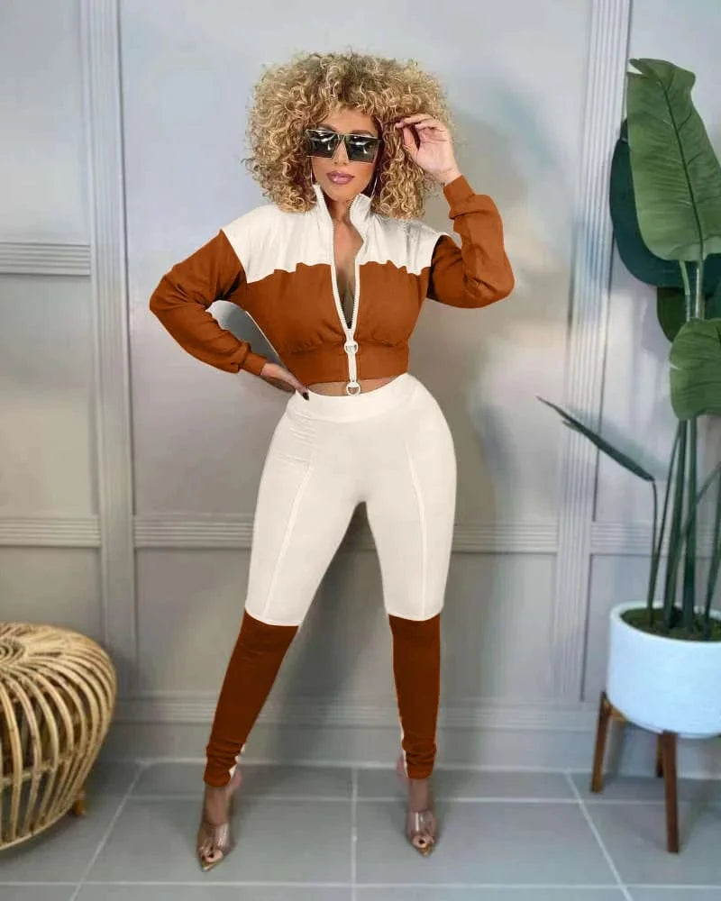 S / Brown Spring 2023 Women s Clothing Zip Up Crop Jogger Set Color Block Jogging Suit Set Tracksuits for Women