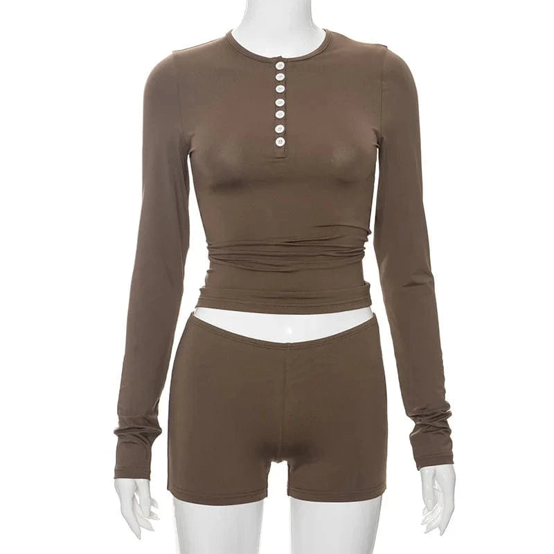 S / Brown Summer 2024 Crop Top Short Sets Sexy Crop Top Skinny Shorts 2 Piece Set Women