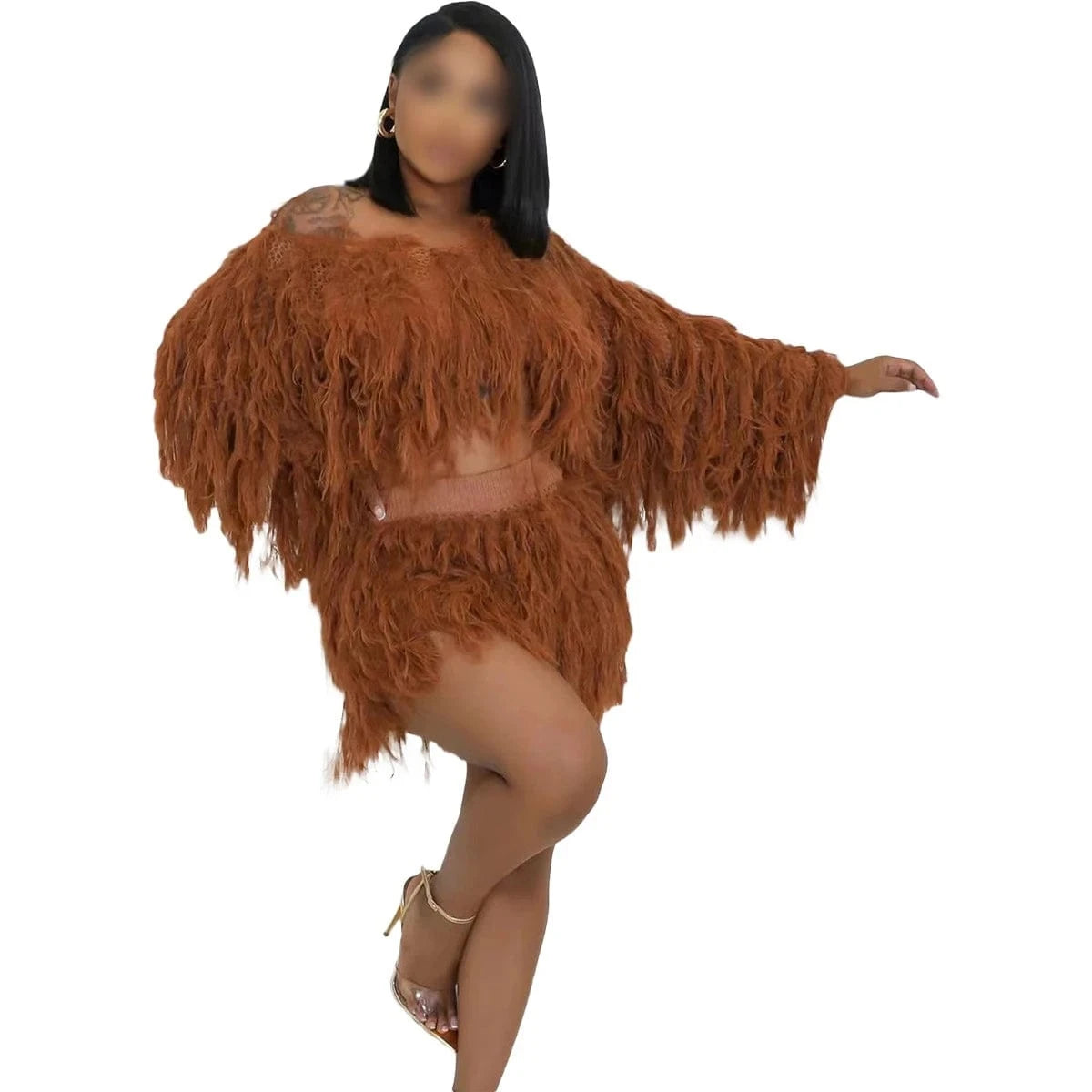S / Brown TK6311 Spring Women Clothes Knitted Casual Crop Top 2 Piece Set Long Sleeve Tassel Skirts Two Piece Sets For Women Clothing