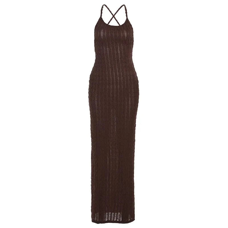 S / Brown Weird Puss Cross Bandage Women Maxi Dress Vestidos Backless Sleeveless Summer Sexy Elegant Party Bodycon Beach Night Club Dress