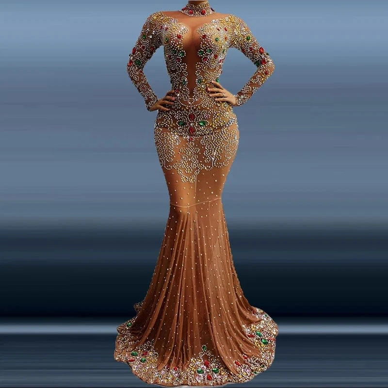 S / Brown Wholesale Clothing Sparkly Colored Crystal Elegant Evening Dress Formal Mermaid Wedding Dress Celebrity Party Elegent Prom Dress