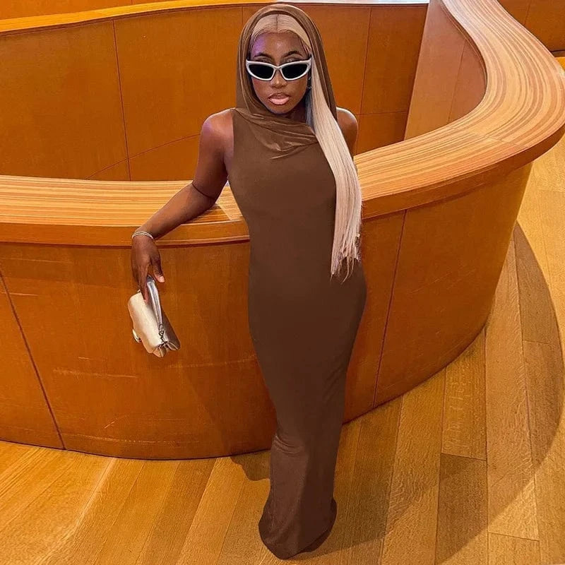 S / Brown Y2K Style Women Long Hoodie Sleeveless Bodycon Dress Wholesale Casual Dresses Regular Street Wear For Women
