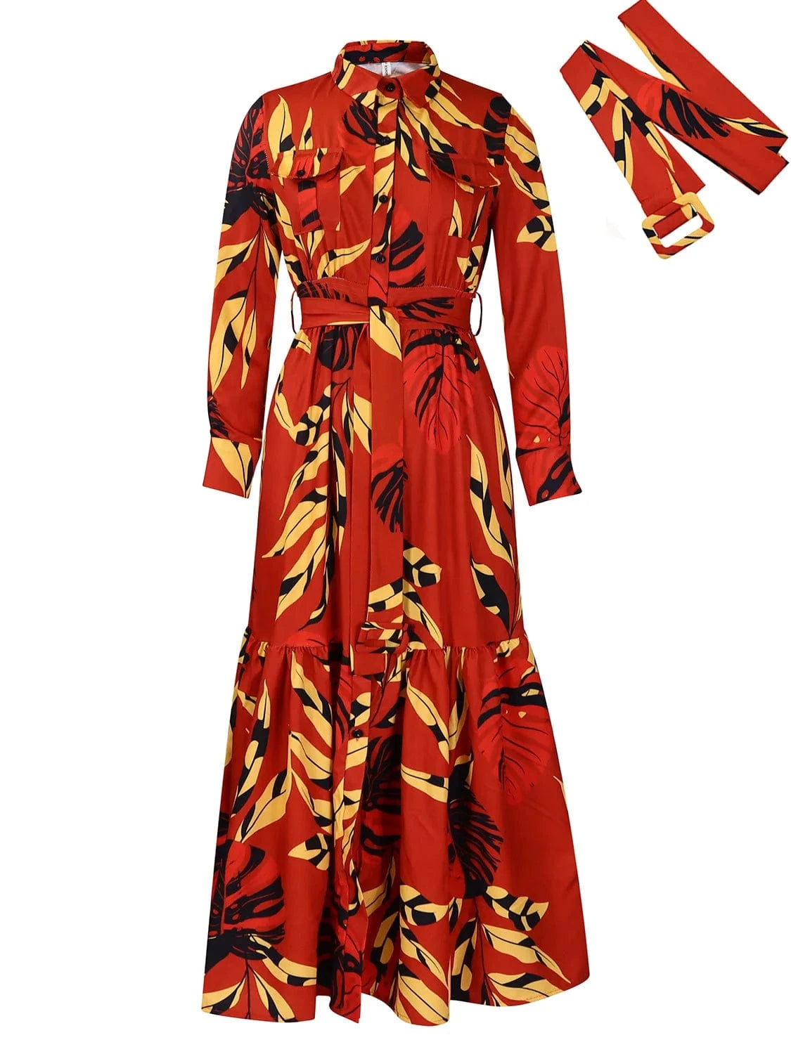 S / Burgundy 2024 new design fancy floral print sun holiday collar womans fall long sleeve button shirt party muslim maxi dresses for women